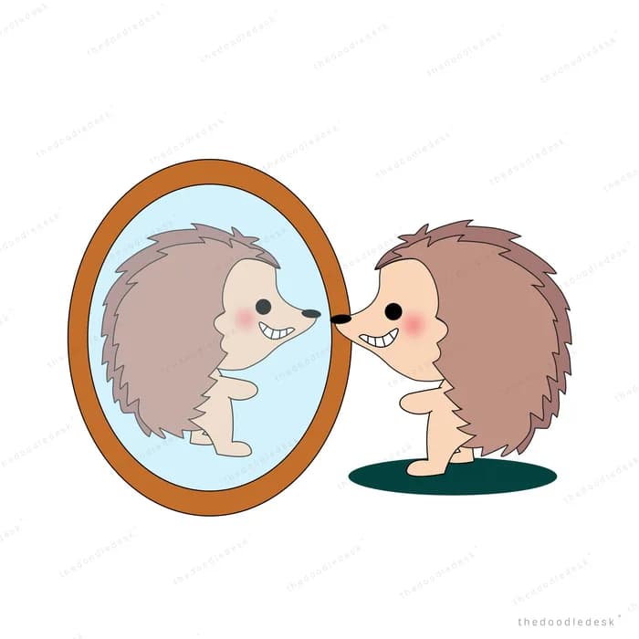 Hedgehog looking at its own reflection in an oval standing mirror