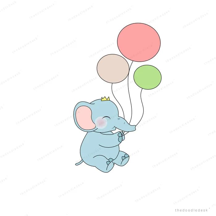 Baby elephant sitting holding the strings of three pastel balloons