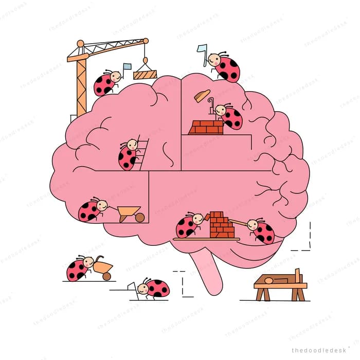 Ladybugs building a pink brain with a crane bricks and ladders