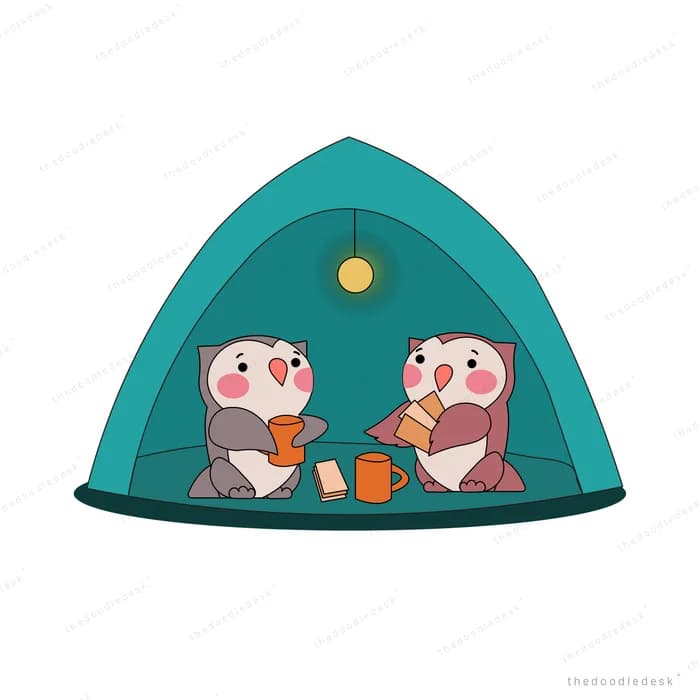 Two owls sitting inside a teal camping tent with mugs and a hanging lantern