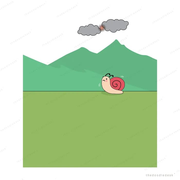 Snail crawling over green hills above a blank green panel