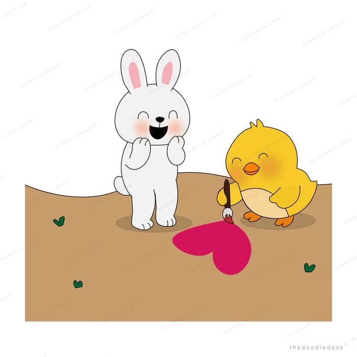 White rabbit and yellow chick on a brown ledge with a red heart between them