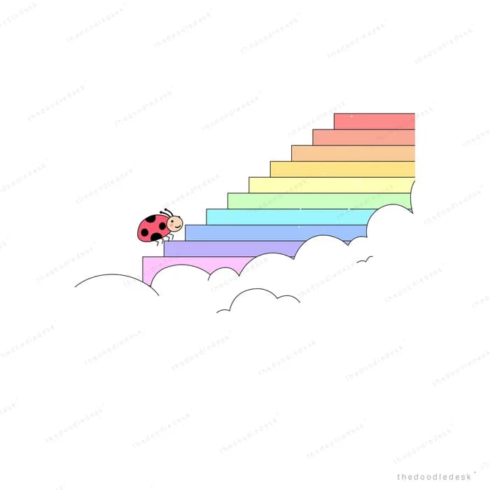 Ladybug at the foot of a rainbow staircase rising above the clouds