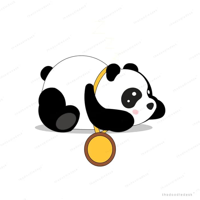 Panda lying on its side balancing on a small gold ball
