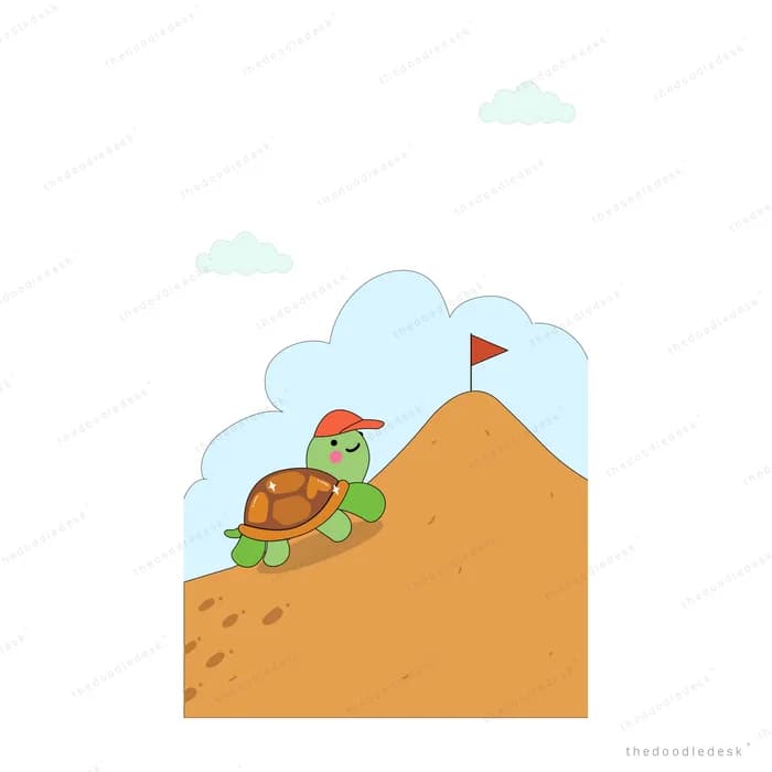 Turtle climbing an orange hill toward a red flag at the summit