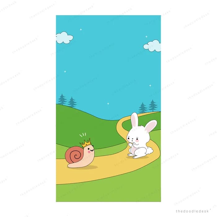 Snail and white rabbit on a sandy path across a green hill