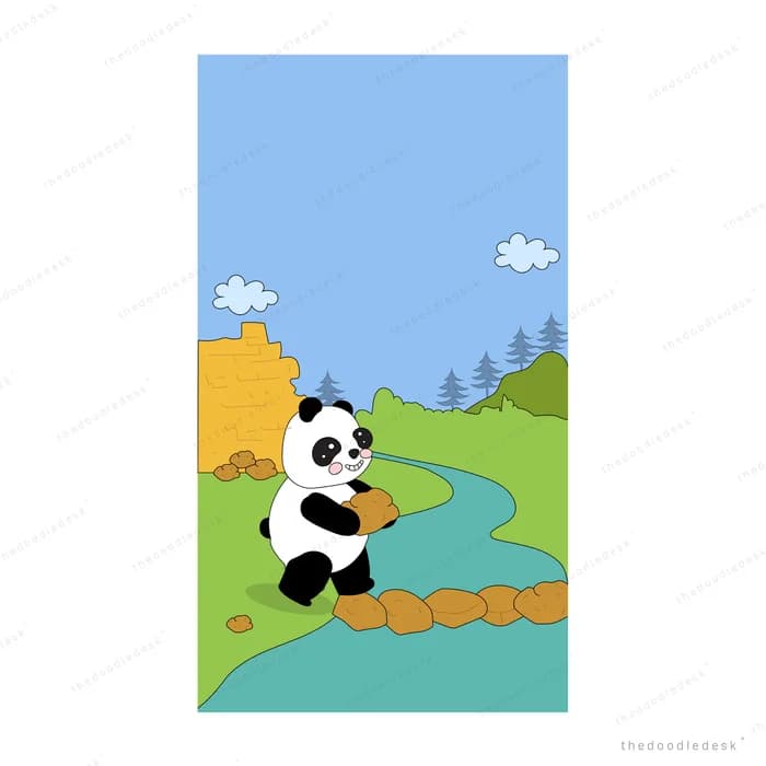 Panda crossing a stepping-stone path over a stream on a green field