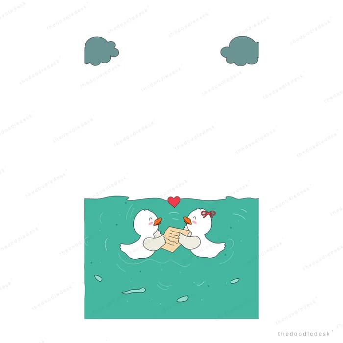 Two white ducks facing each other with a small heart between them on a teal panel