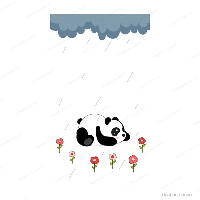 Panda lying flat in the rain among small red flowers