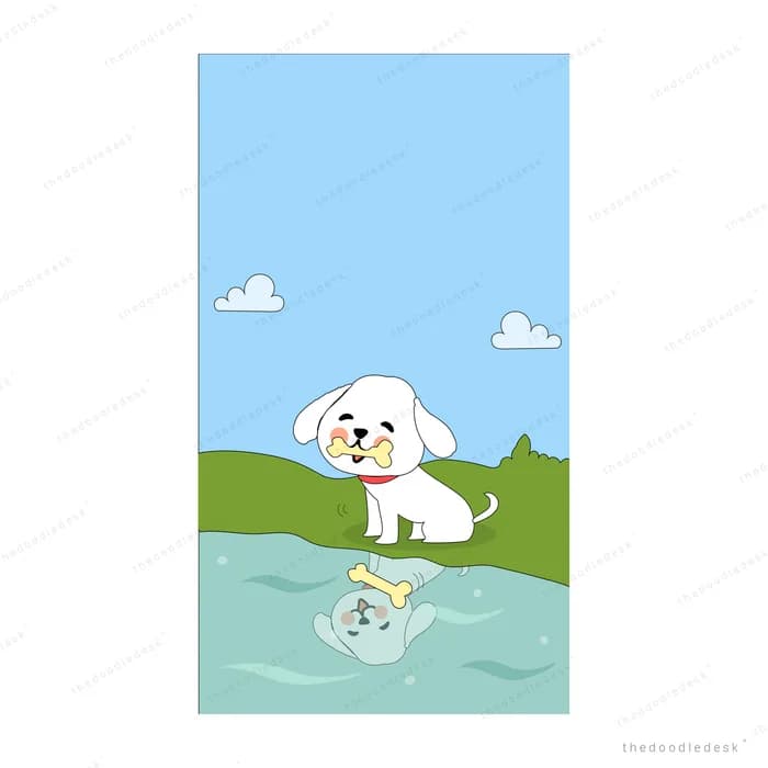 White dog looking at its own reflection in a shallow stream