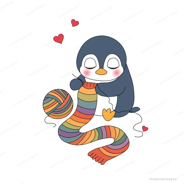 Penguin knitting a long striped scarf with a ball of yarn and hearts around