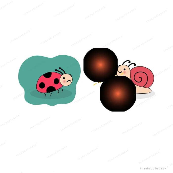 Ladybug on a teal leaf facing a snail with two dark glowing berries between them
