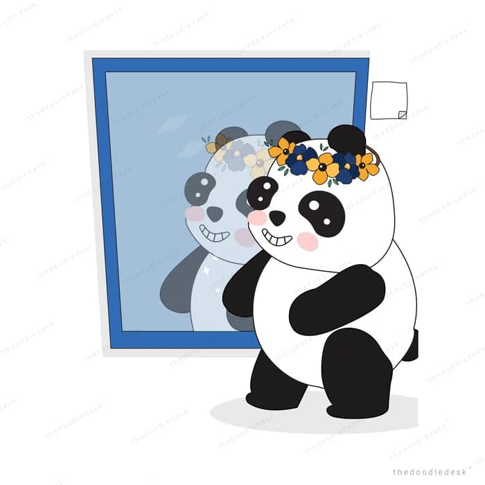 Panda wearing a flower crown looking at its reflection in a wall mirror