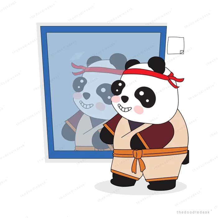 Panda in a martial arts uniform and red headband posing at a mirror