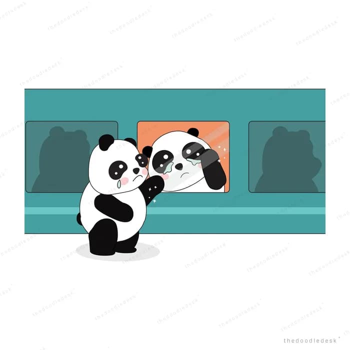 Panda posing beside a framed panda portrait on a gallery wall