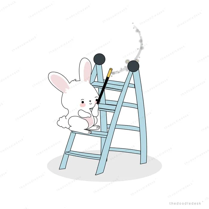 White rabbit climbing a stepladder waving a magic wand that trails sparks