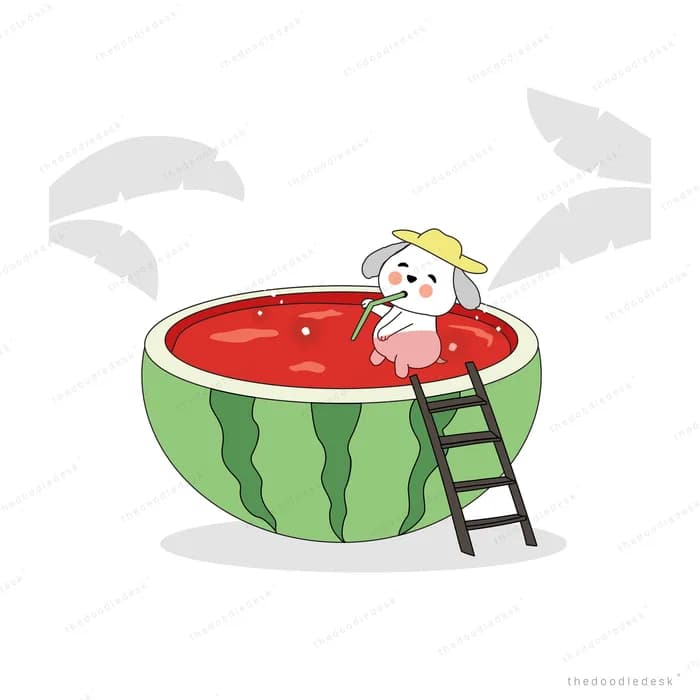 Dog in a sun hat floating in a hollowed watermelon pool with a ladder