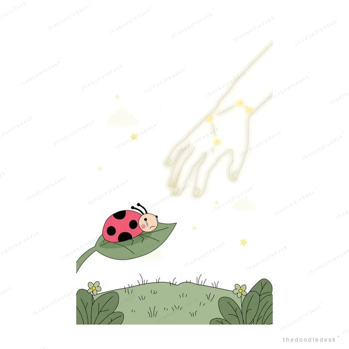 Ladybug resting on a leaf beneath a faint glowing hand
