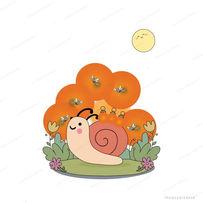 Smiling snail among tulips and blossom under a small sun