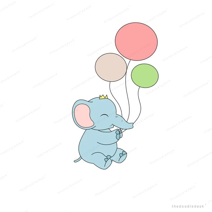 Baby elephant sitting and holding three balloons by their strings