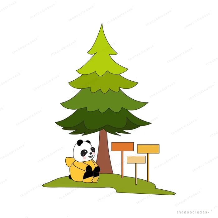 Panda with a backpack sitting under a pine tree beside two blank signposts