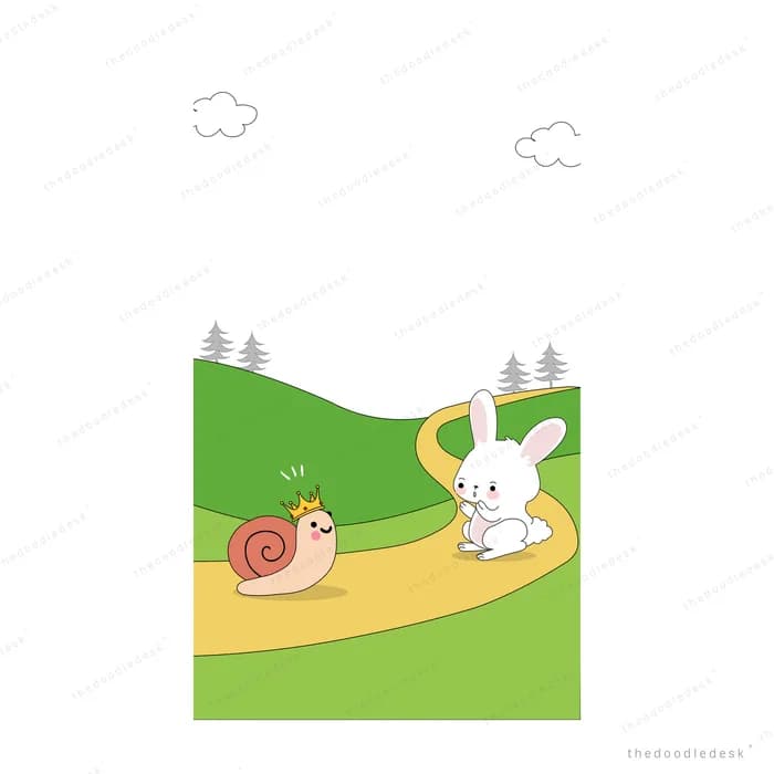 Snail and rabbit travelling a winding path across green hills