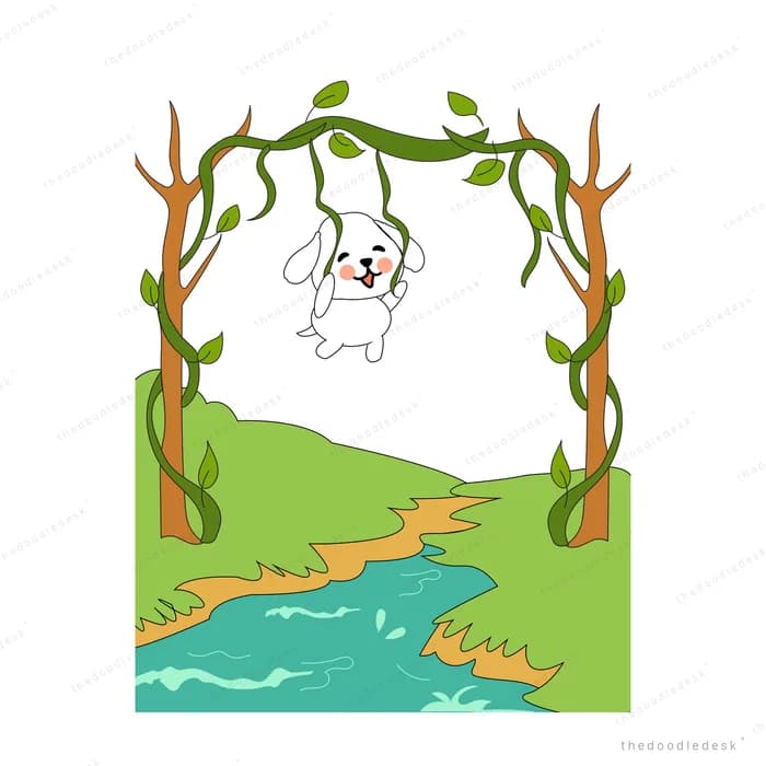 White dog swinging from a hanging vine over a forest stream