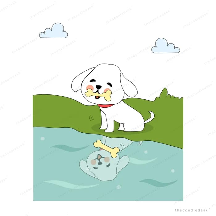 Dog with a bone on a green bank staring at a larger bone in its water reflection