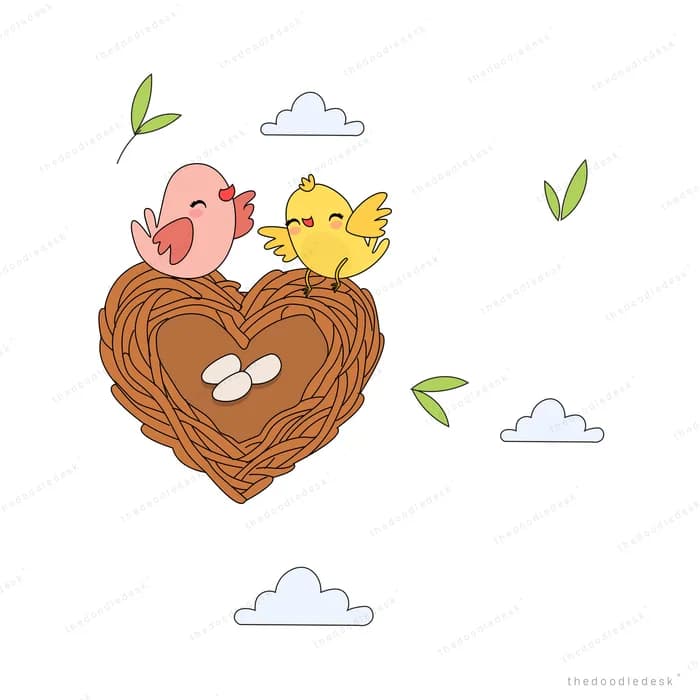 A pink and a yellow bird perched beside a heart-shaped nest holding two eggs