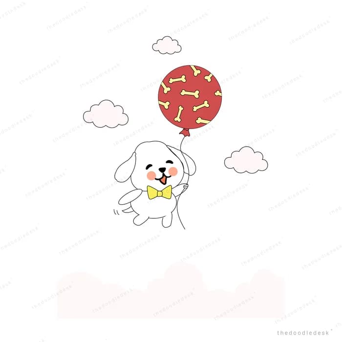 White dog floating upward holding a red balloon printed with bones