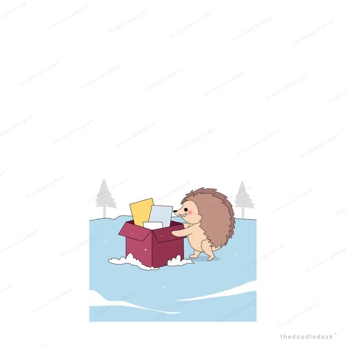 Hedgehog opening a small red gift box in the snow