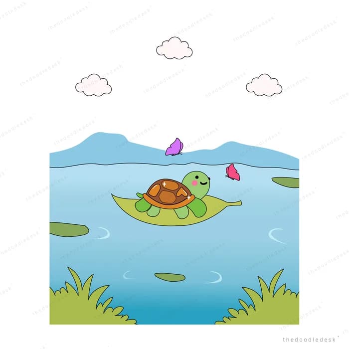 Turtle drifting on a lily leaf across a pond with petals falling