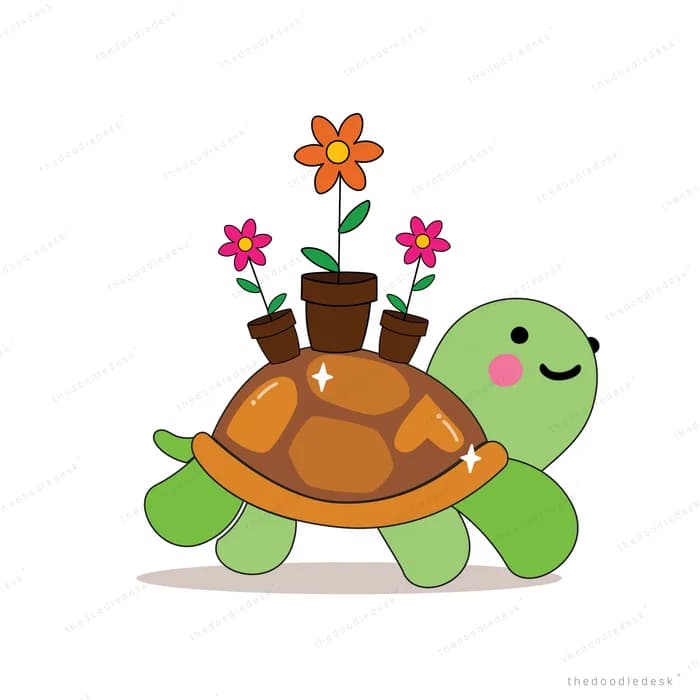 Green turtle carrying three potted flowers on its shell