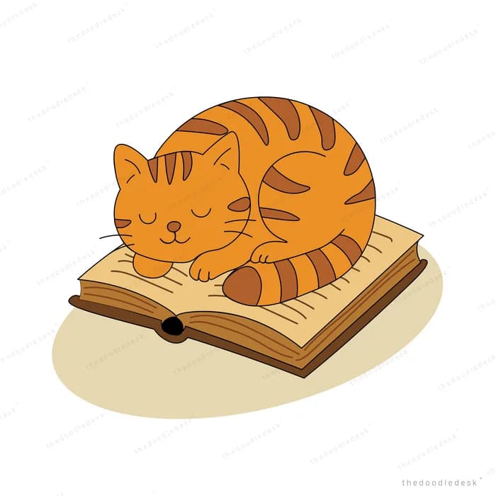 Orange tabby cat asleep on top of a large open book