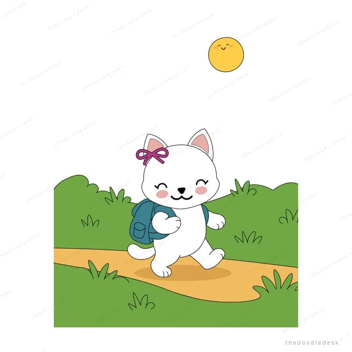 White cat running along a path through a green field carrying a bundle