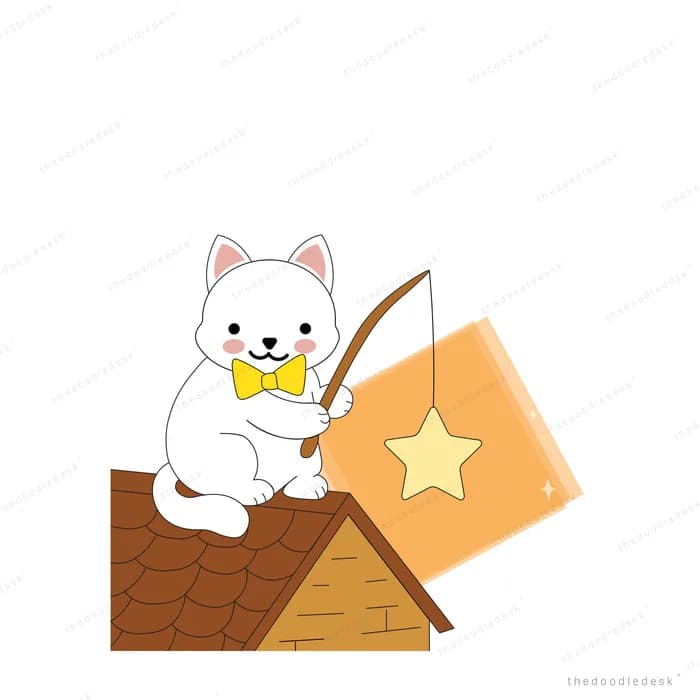 White cat fishing from a rooftop with a glowing catch on the line