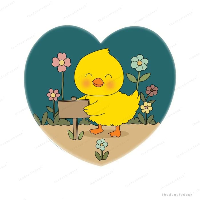 Two yellow chicks inside a dark teal heart shape with flowers, stepping out of a cardboard box