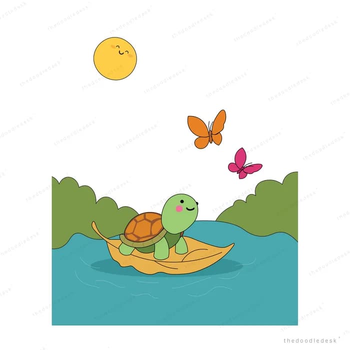 Turtle sailing on a leaf boat across blue water with butterflies and a smiling cloud above