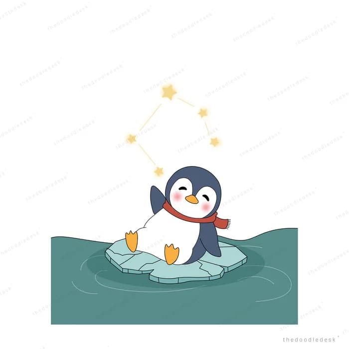 Penguin sitting on a floating ice raft holding a tulip under a constellation of stars