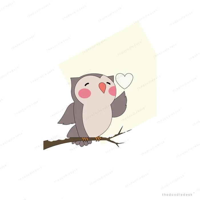 Owl perched on a bare branch blowing out a white heart