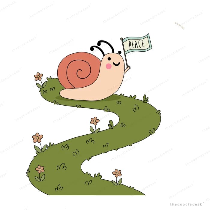 Snail on top of a leafy flagpole planting a small flag while butterflies scatter