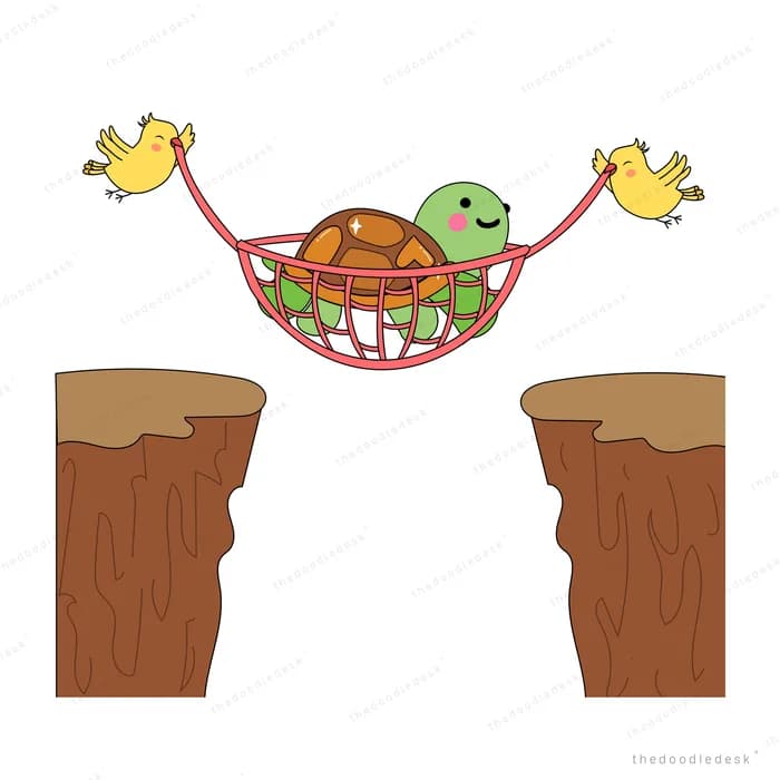 Two yellow chicks stretching a pink cloth sling across a gap between two cliffs