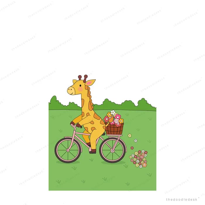 Giraffe with a long scarf riding a pink bicycle carrying a basket of flowers