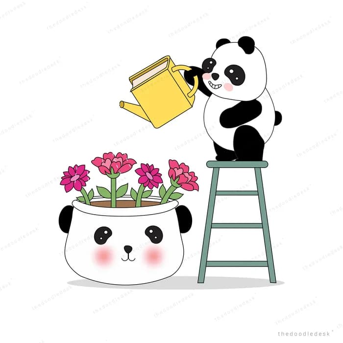 Panda on a ladder watering pink flowers growing out of another panda's head