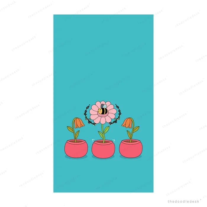 Bee resting on the middle of three potted flowers against a flat teal wall