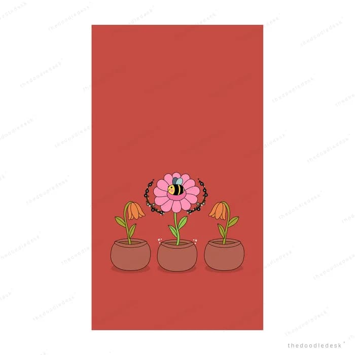 Bee resting on the middle of three potted flowers against a flat red wall