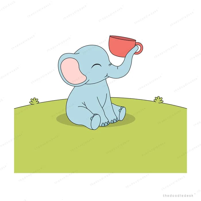 Blue baby elephant sitting on a green hill lifting a red cup with its trunk