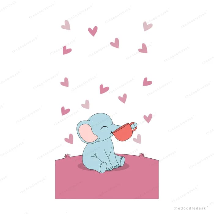 Blue baby elephant tipping a red cup on a pink block with hearts rising