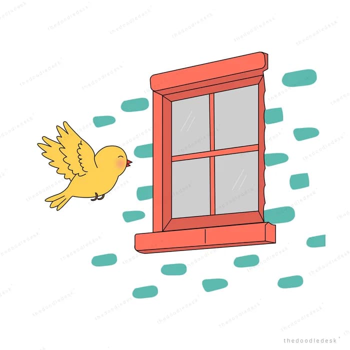 Yellow bird flying toward a closed red window on a tiled wall