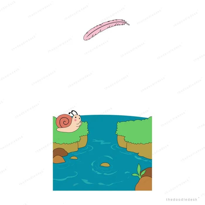 Small snail on a grassy ledge overlooking a blue pond